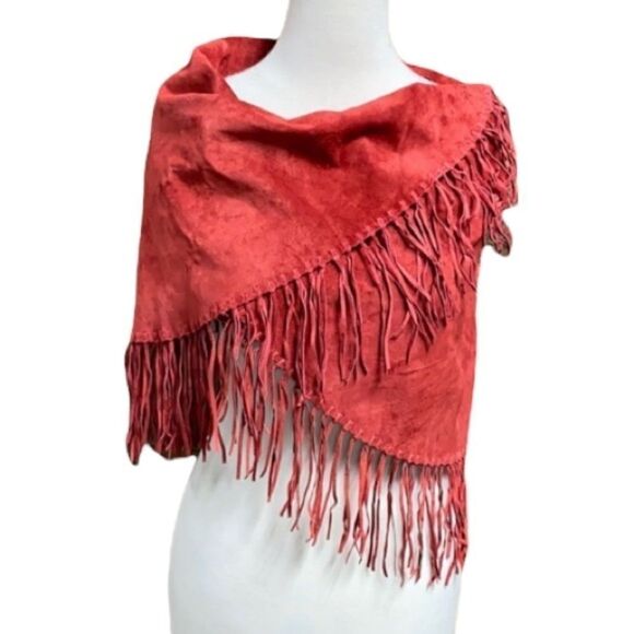 Central Falls Red Suede Fringed Cape Shawl - Picture 1 of 14
